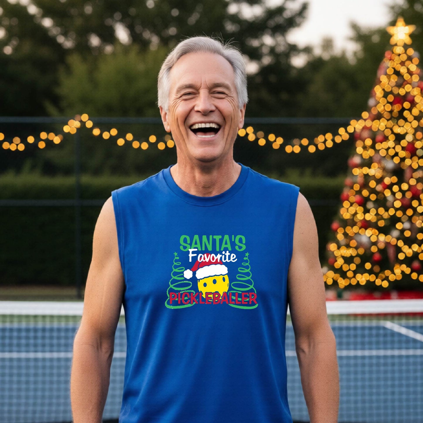 A man wearing a royal blue sleeveless t-shirt with a pickleball graphic with text "SANTA'S FAVORITE PICKLEBALLER" featuring a bright yellow pickleball set against a blurred background of a pickleball court and a decorated Christmas tree.
