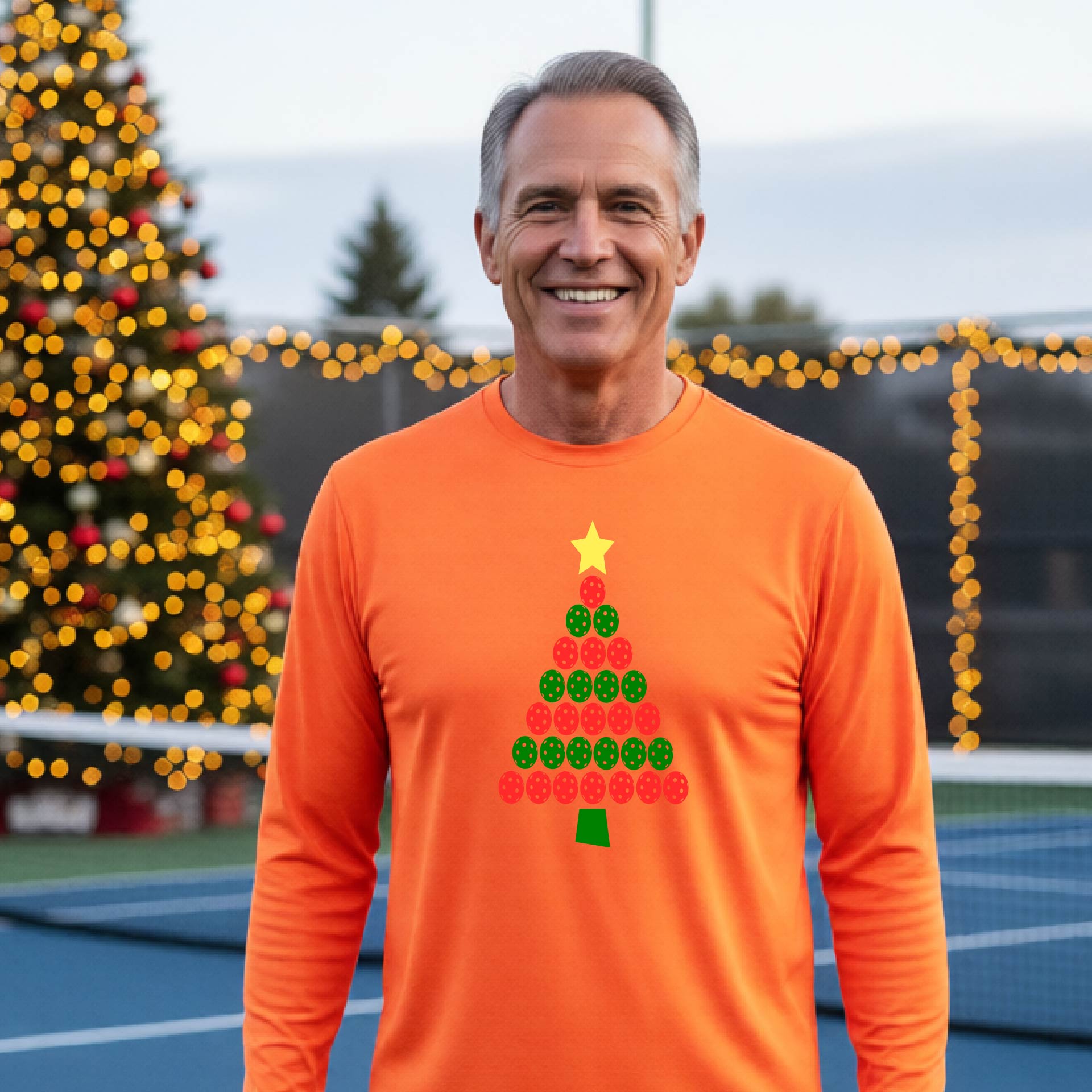 A smiling man wearing a bright orange long-sleeve shirt with a Christmas tree made of red and green pickleballs and a yellow star, standing on a pickleball court with holiday lights in the background.
