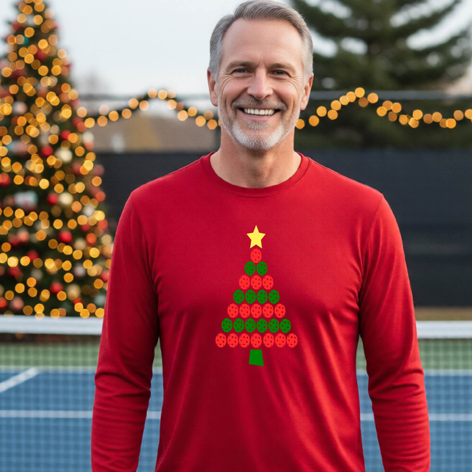 A smiling man wearing a red long-sleeve shirt with a Christmas tree made of red and green pickleballs and a yellow star, standing on a pickleball court with holiday lights in the background.