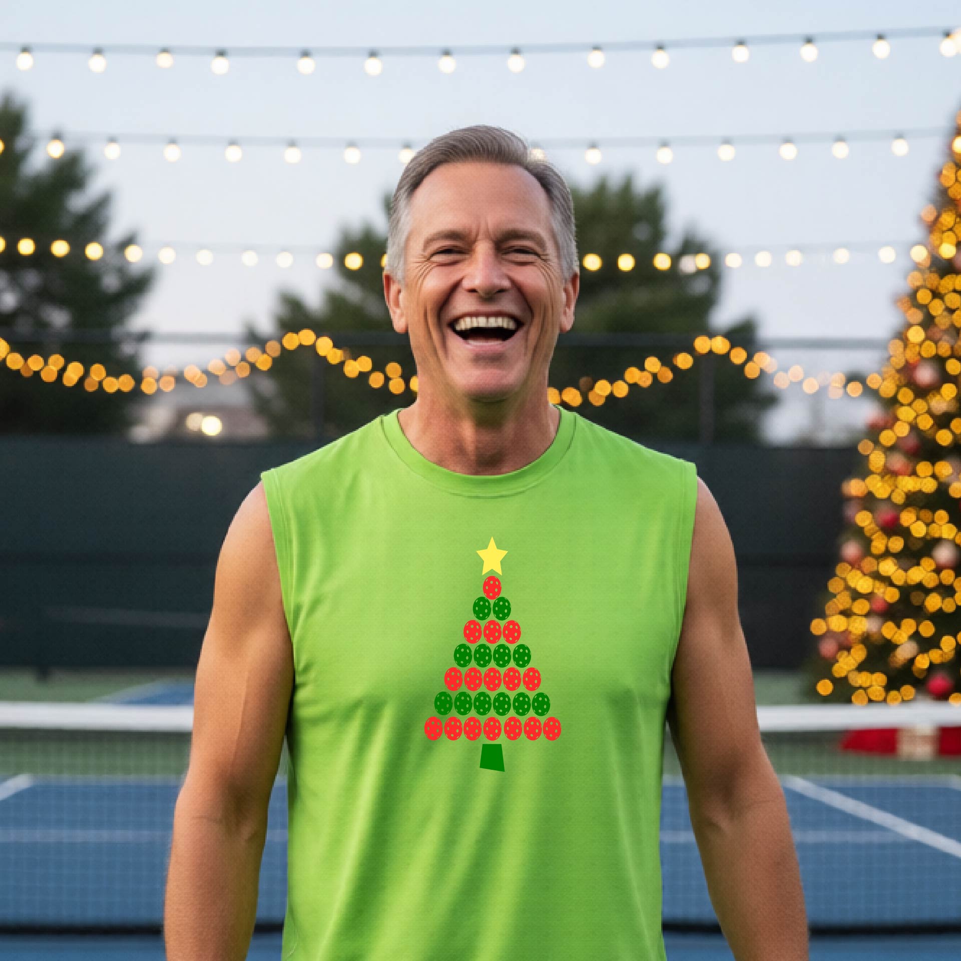 A smiling man wearing a lime green sleeveless shirt with a Christmas tree made of red and green pickleballs and a yellow star, standing on a pickleball court with holiday lights in the background.