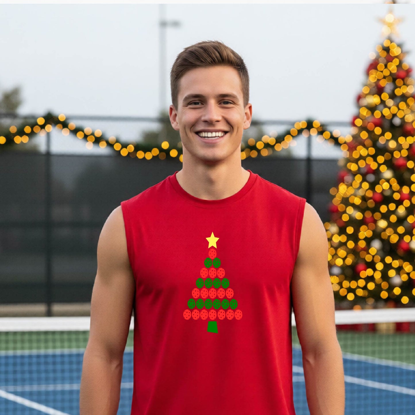 A smiling man wearing a red sleeveless shirt with a Christmas tree made of red and green pickleballs and a yellow star, standing on a pickleball court with holiday lights in the background.
