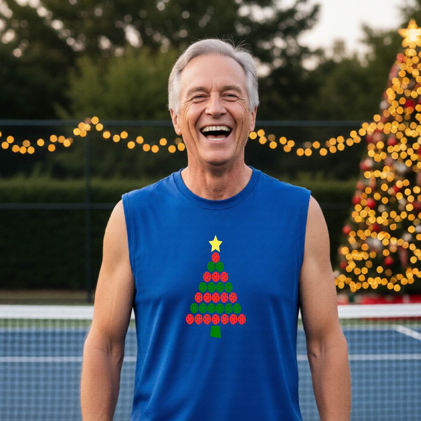 A smiling man wearing a royal blue sleeveless shirt with a Christmas tree made of red and green pickleballs and a yellow star, standing on a pickleball court with holiday lights in the background.