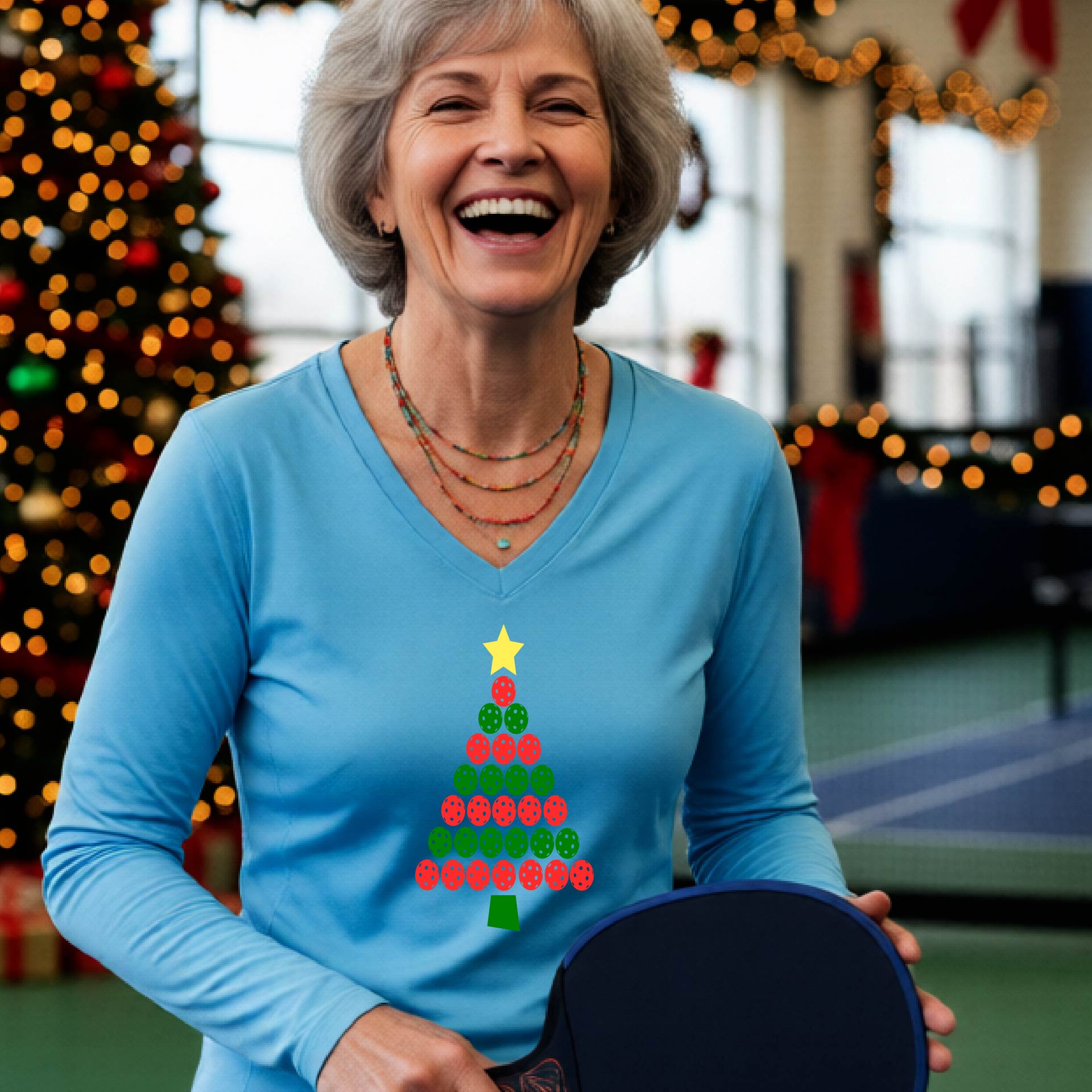 A smiling woman wearing a light blue long-sleeve V-neck shirt with a Christmas tree made of red and green pickleballs and a yellow star, standing on a picleball court with a Christmas tree and holiday decorations in the background.