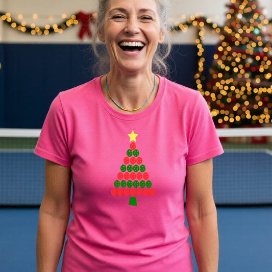 Women’s Holiday Pickleball Shirt Christmas Sports Tee Festive Pickleball Apparel Short-Sleeve