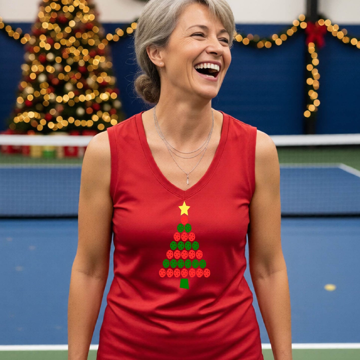 A woman laughing on a blue pickleball court wears a red sleeveless tank top with a Christmas tree made of red  and reen picklebballs and a yellow star on the front.  Christmas tree and string lights are in the background. 