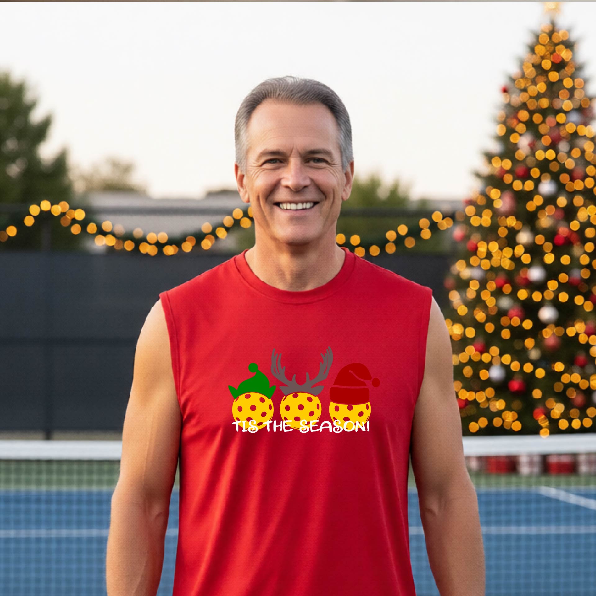 A smiling man wearing a red sleeveless athletic shirt with a pickleball Christmas-themed graphic of three pickleballs and the text 'TIS THE SEASON!' stands in front of a blurred background featuring a lit Christmas tree and a pickleball court.