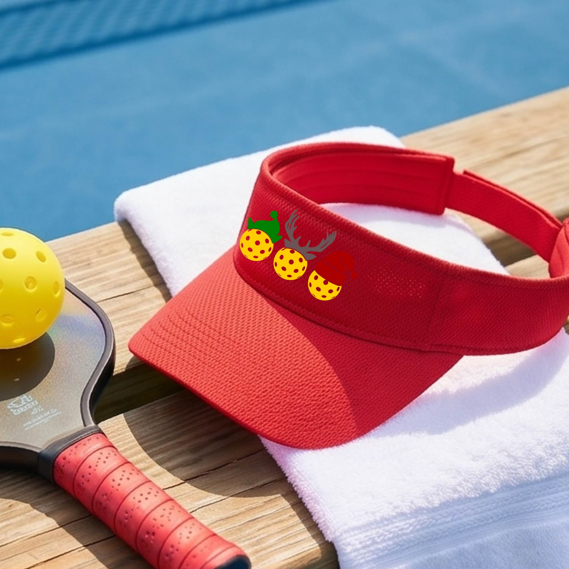 A red visor with a pickleball Christmas graphic of three pickleballs wearing a santa hat, elf hat and antlers. 