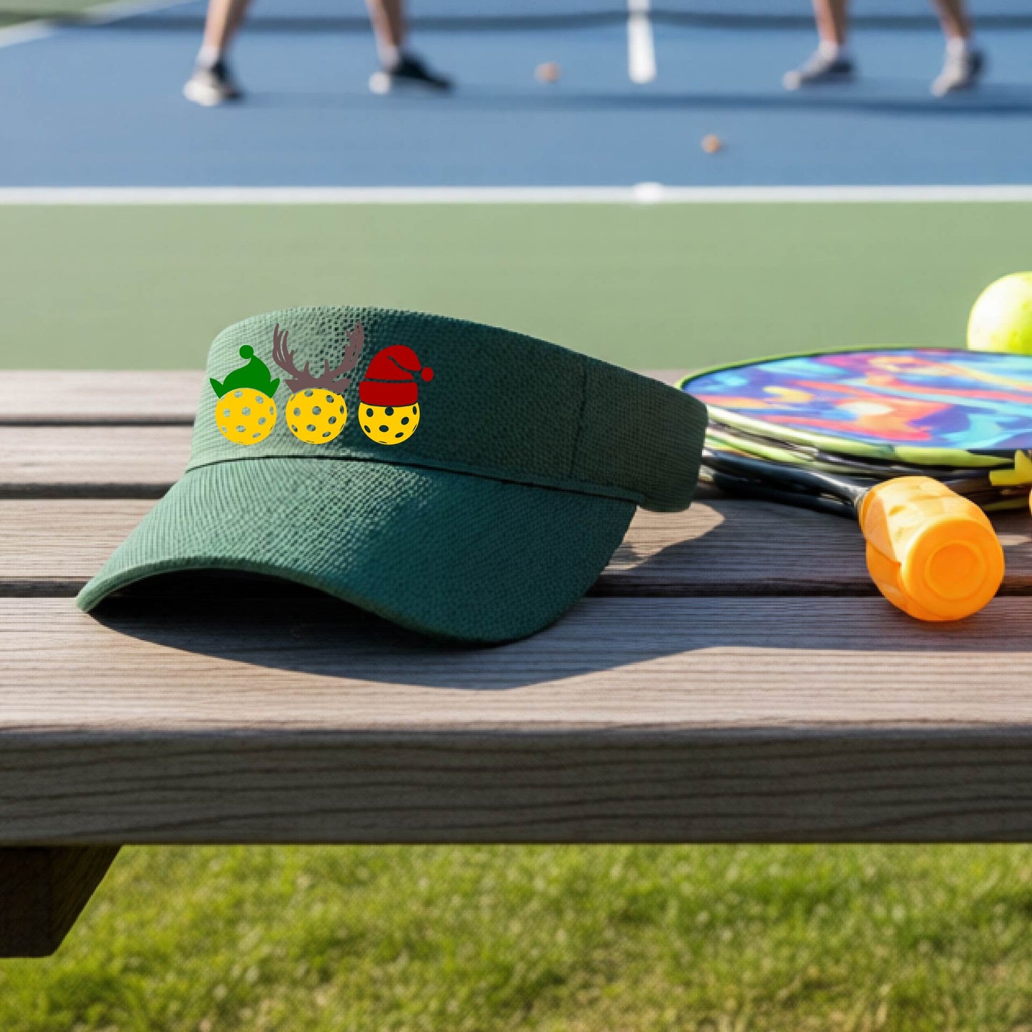 A green visor with a pickleball Christmas graphic of three pickleballs wearing a santa hat, elf hat and antlers. 