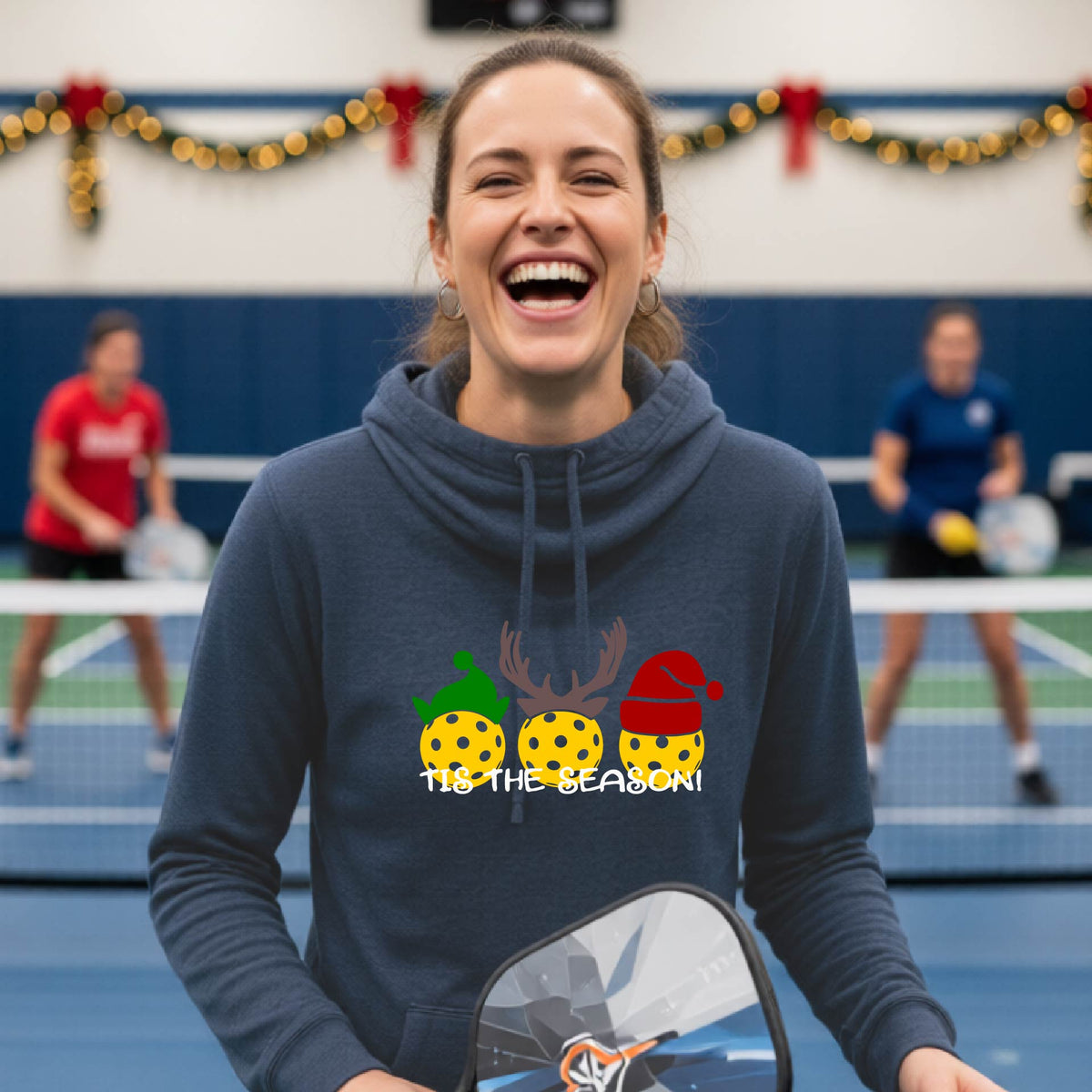 Women’s Holiday Pickleball Hoodie – Christmas Pickleball Cowl-Neck Sweatshirt & Festive Gift