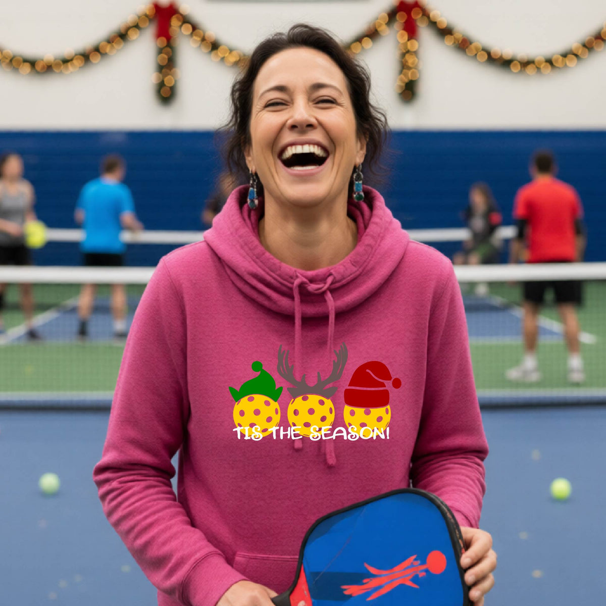 Women’s Holiday Pickleball Hoodie – Christmas Pickleball Cowl-Neck Sweatshirt & Festive Gift