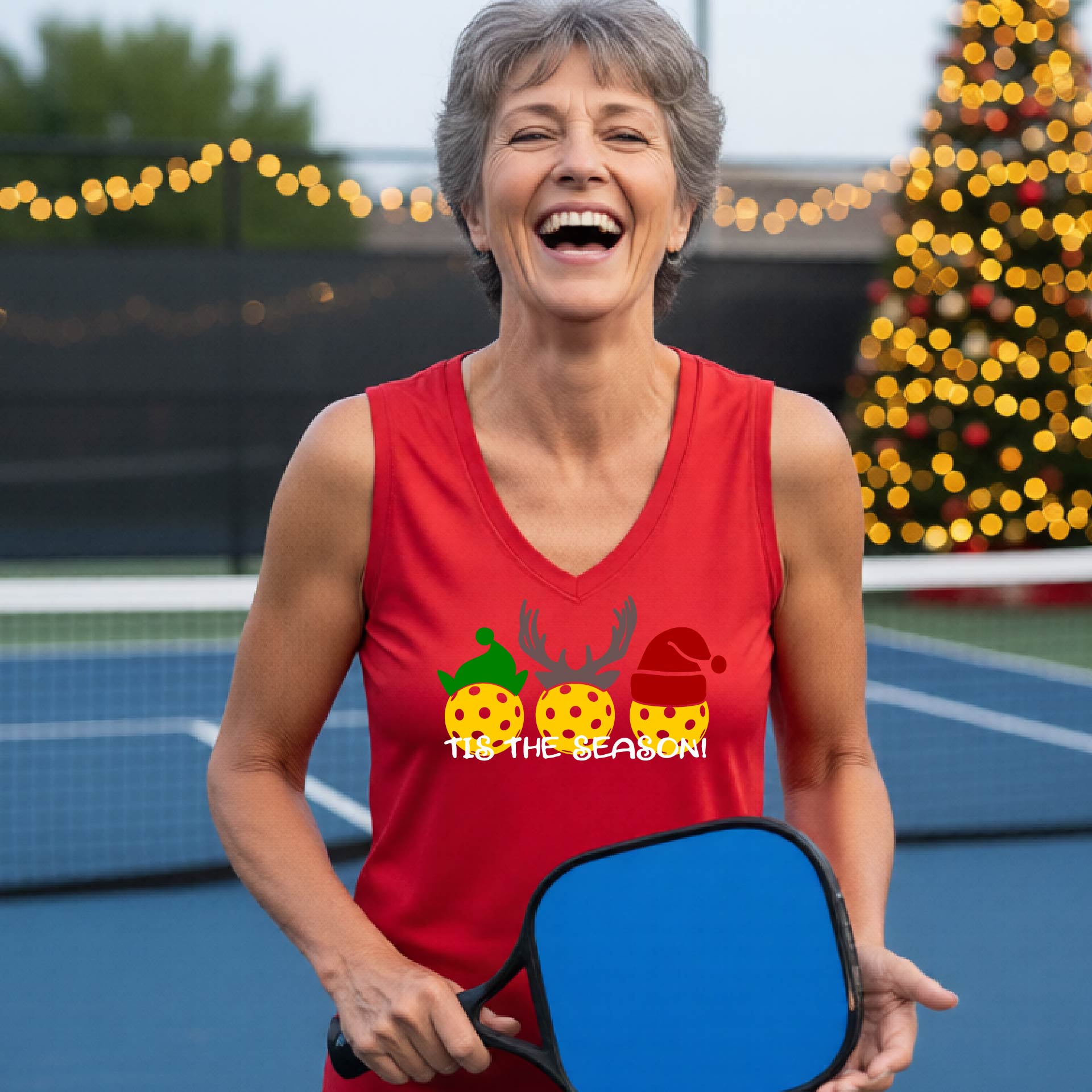 A woman wsmiling on a blue pickleball court, wearing a red sleeveless tank top with a holiday graphic of three yellow pickleballs wearing green, brown, and red hats, and the text 'TIS THE SEASON!'.