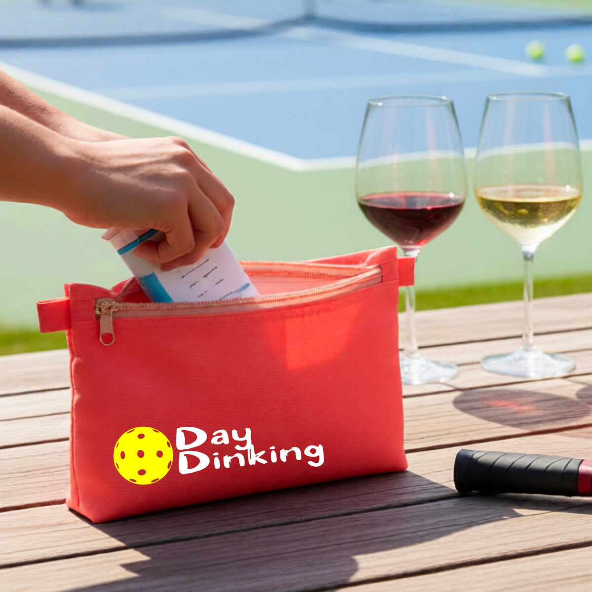 A coral colored zippered cosmetic pouch with a white 'Day Dinking' graphic with a colorful pickleball icon, placed on a wooden table outdoors. 