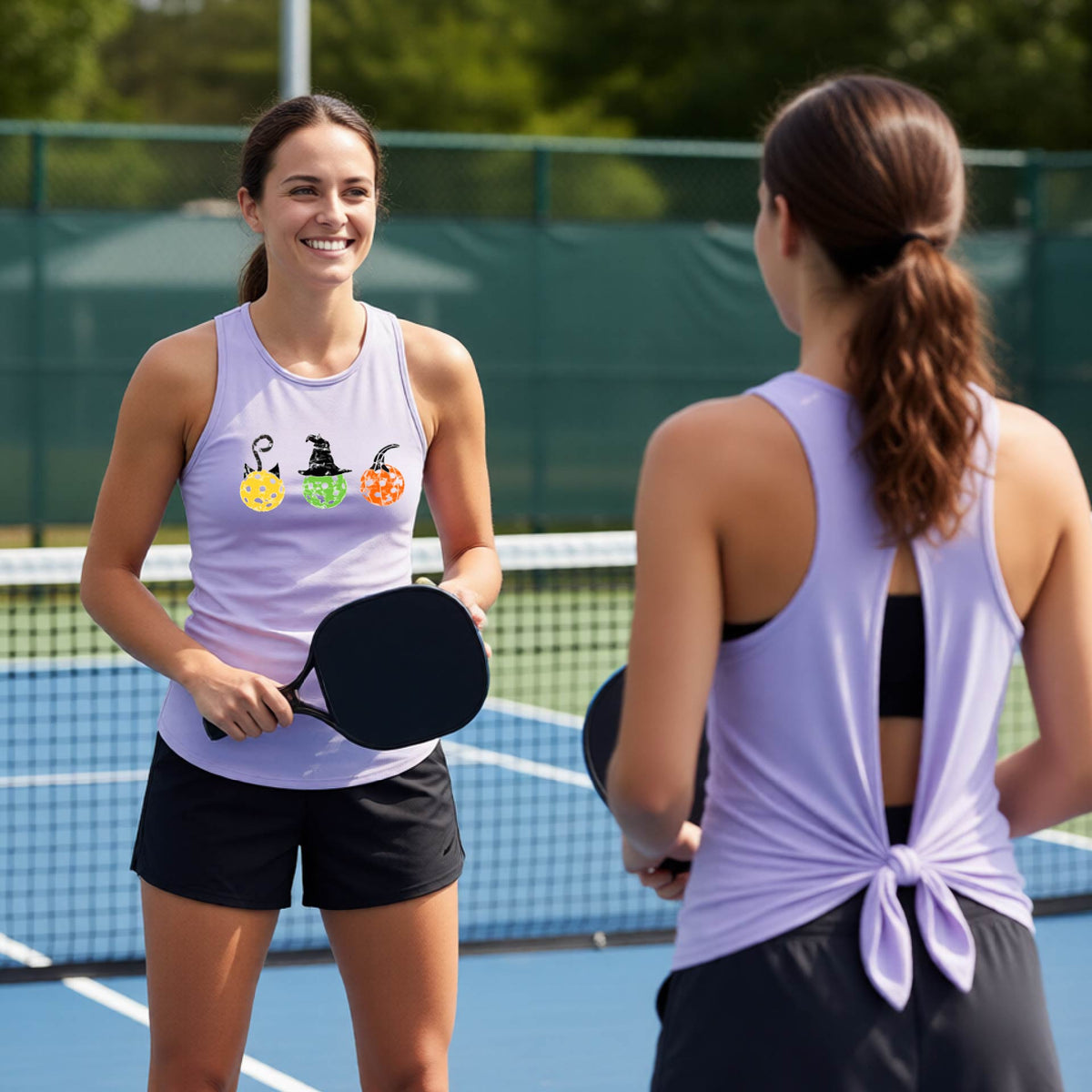 Halloween Womens Pickleball Split-Back Tank Top Funny Spooky Season Shirt Pickleball Performance Gift Halloween Apparel
