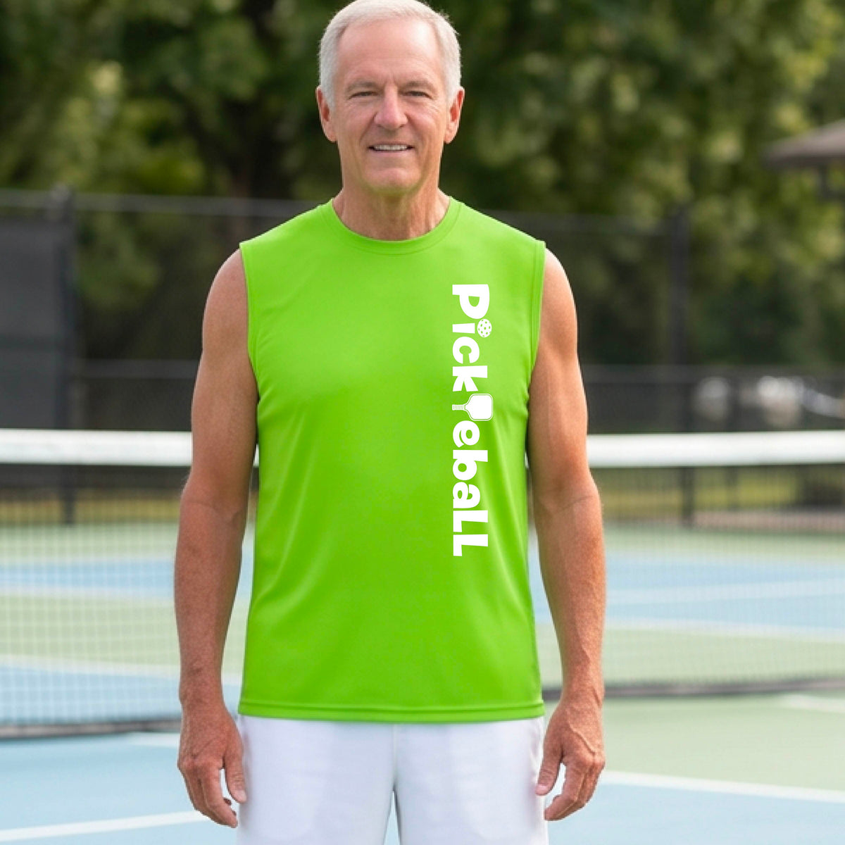 A man wearing a lime green sleeveless t-shirt with a white graphic text 'PICKLEBALL' with a pickleball paddle replacing the L, on the front, standing on a pickleball court.