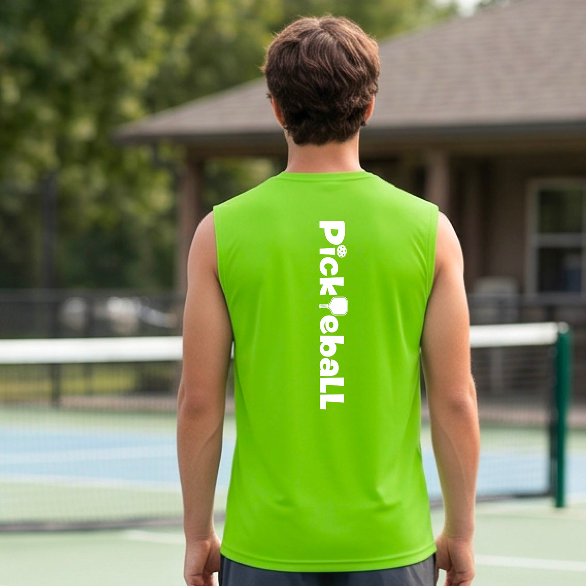 A man wearing a lime green sleeveless t-shirt with a white graphic text 'PICKLEBALL' with a pickleball paddle replacing the L, on the back, standing on a pickleball court.