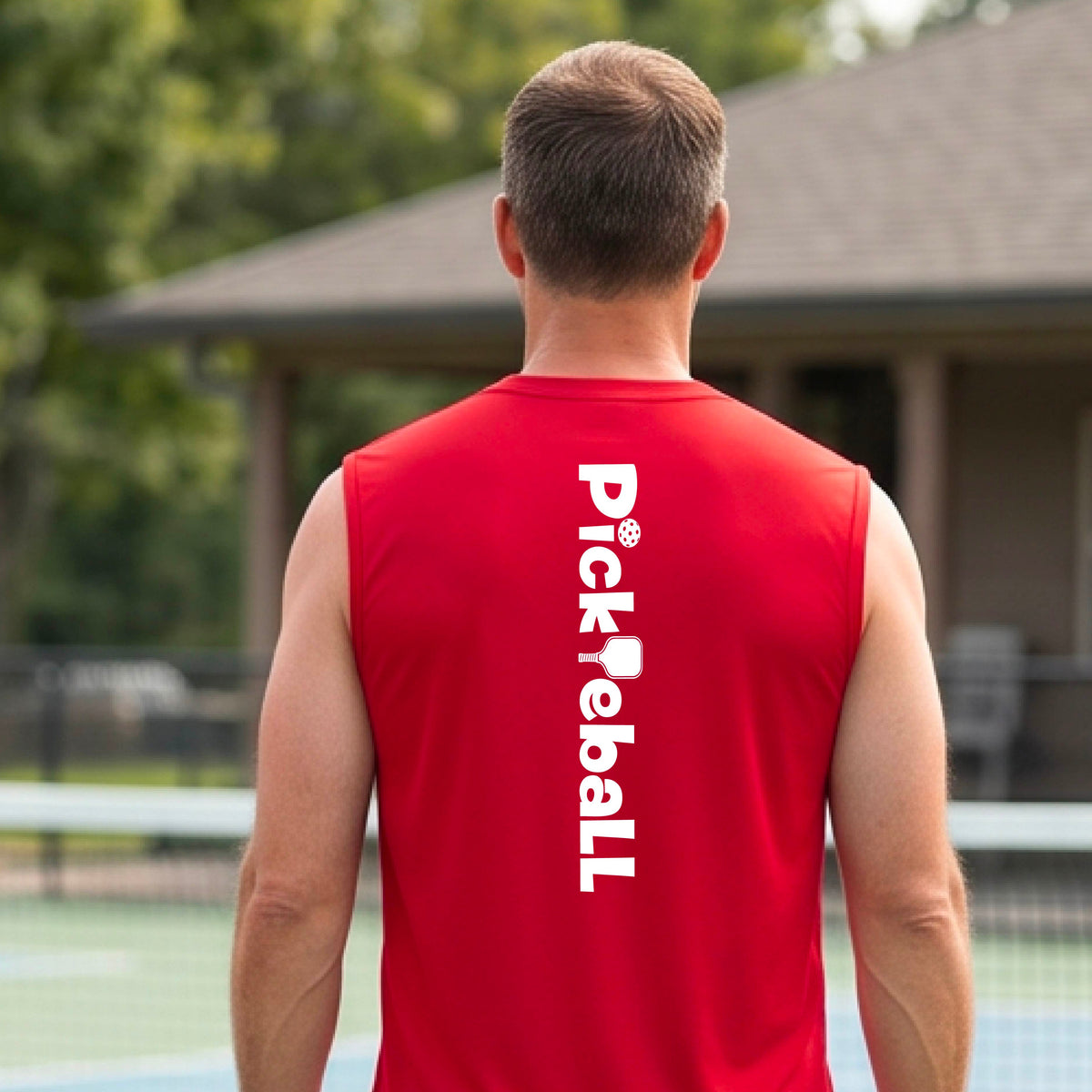 A man viewed from behind wearing a bright red sleeveless athletic shirt with the word 'Pickball' printed vertically in white on the back, standing on an outdoor court with a house and trees blurred in the background.
