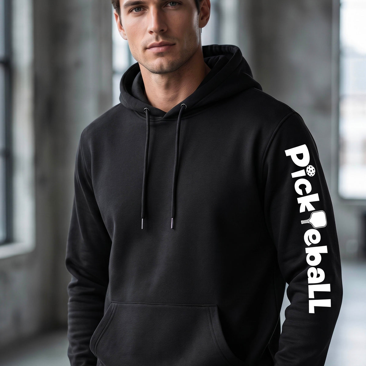 A man wearing a black pullover hoodie with a large white vertical graphic reading 'Pickleball' printed down the right sleeve, photographed in a modern indoor setting with blurred gray windows in the background.