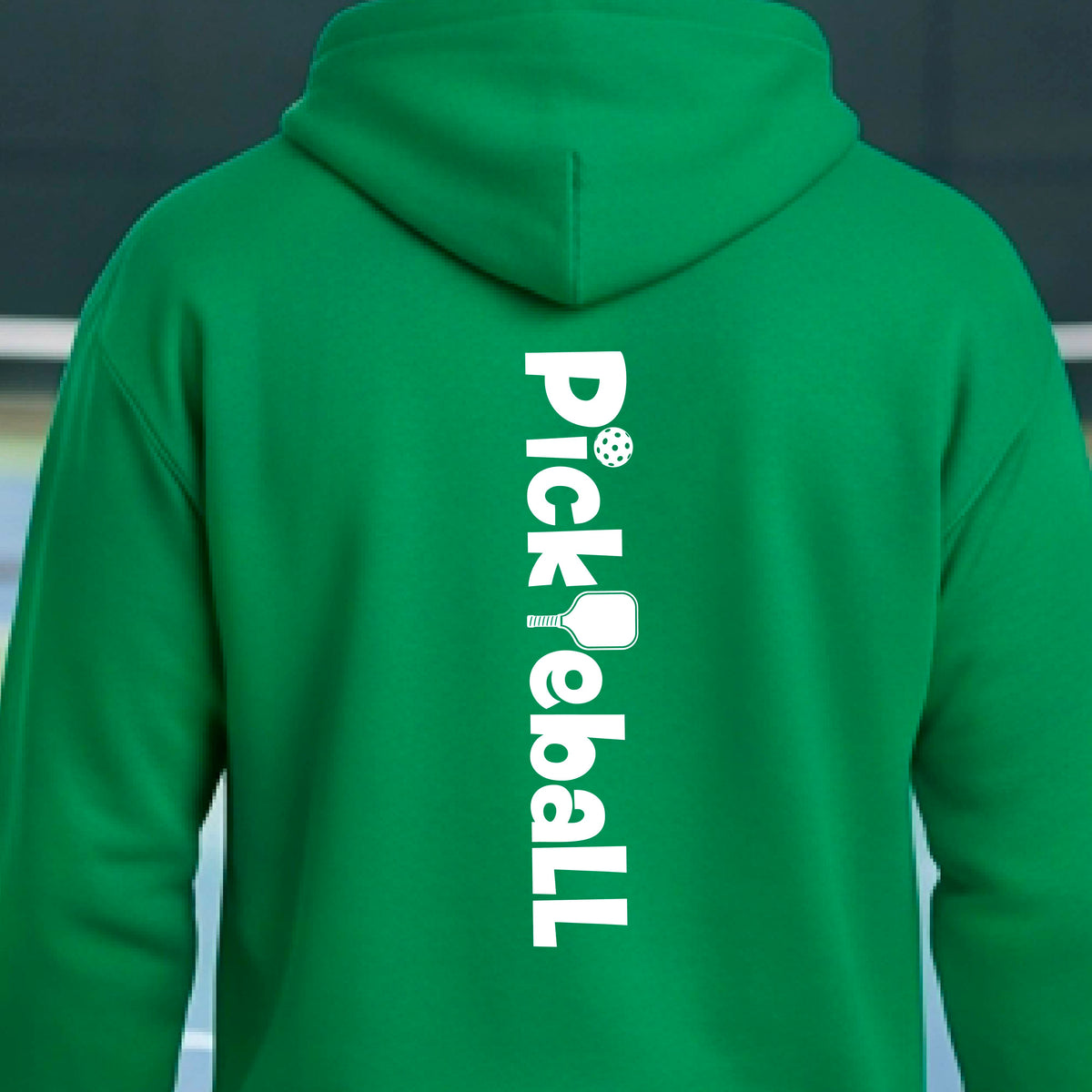 A bright green hoodie shown from the back, featuring the word 'Pickleball' printed vertically in white with a pickleball paddle icon replacing the 'i' in 'Pickle'.