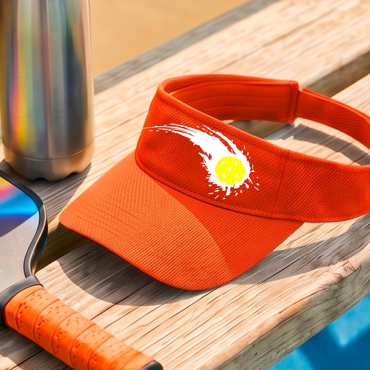 A close-up of an orange visor with a white pickleball graphic of a yellow pickleball with a motion trail effect, displayed in front of a pickleball court. 