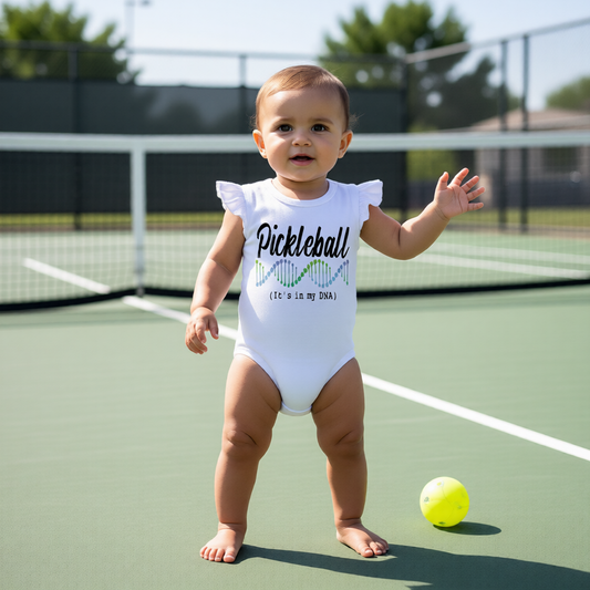 A baby standing on a green pickleball court wearing a white ruffle-sleeve bodysuit with 'Pickleball (It's In My DNA)' pickleball graphic printed on the front. 
