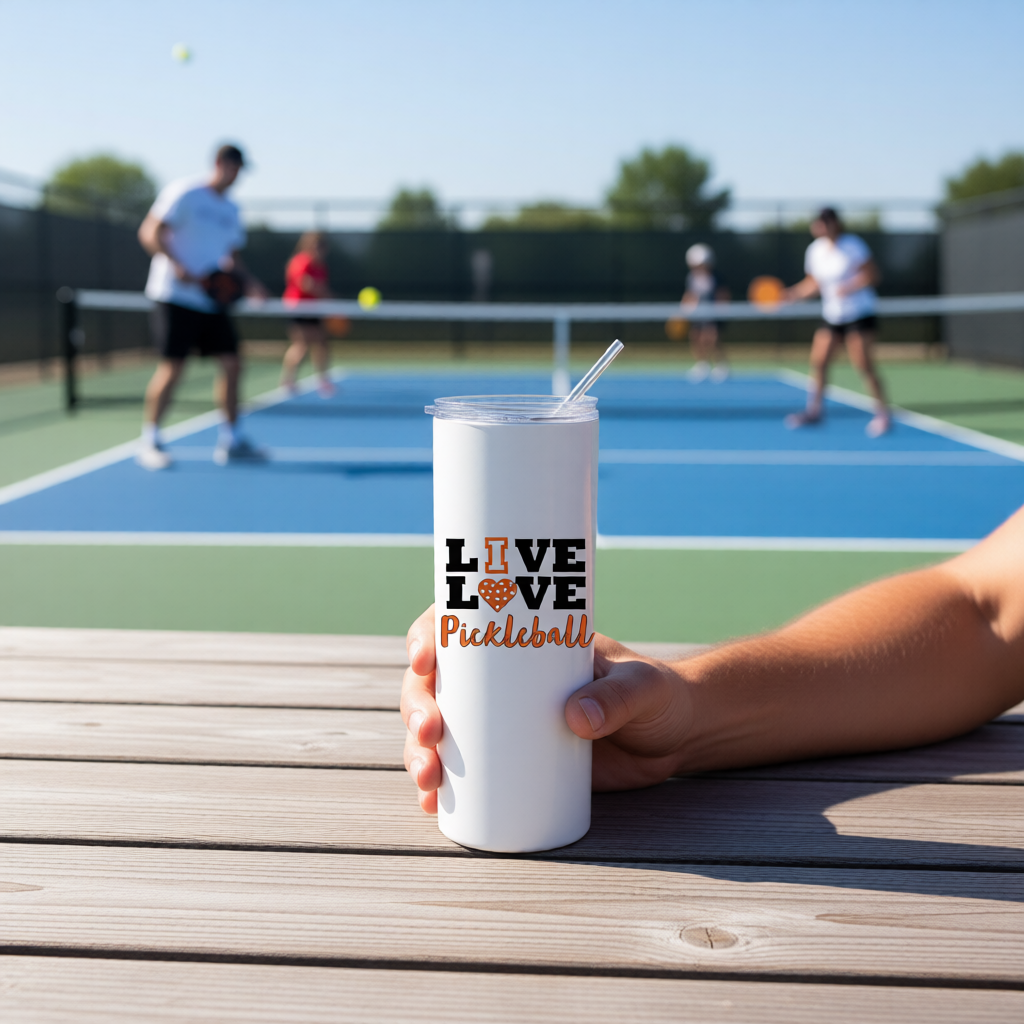 A white stainless steel tumbker with a fun pickleball graphic and the words 'LIVE LOVE PICKLEBALL' with the O replaced by a coloroed pickleball