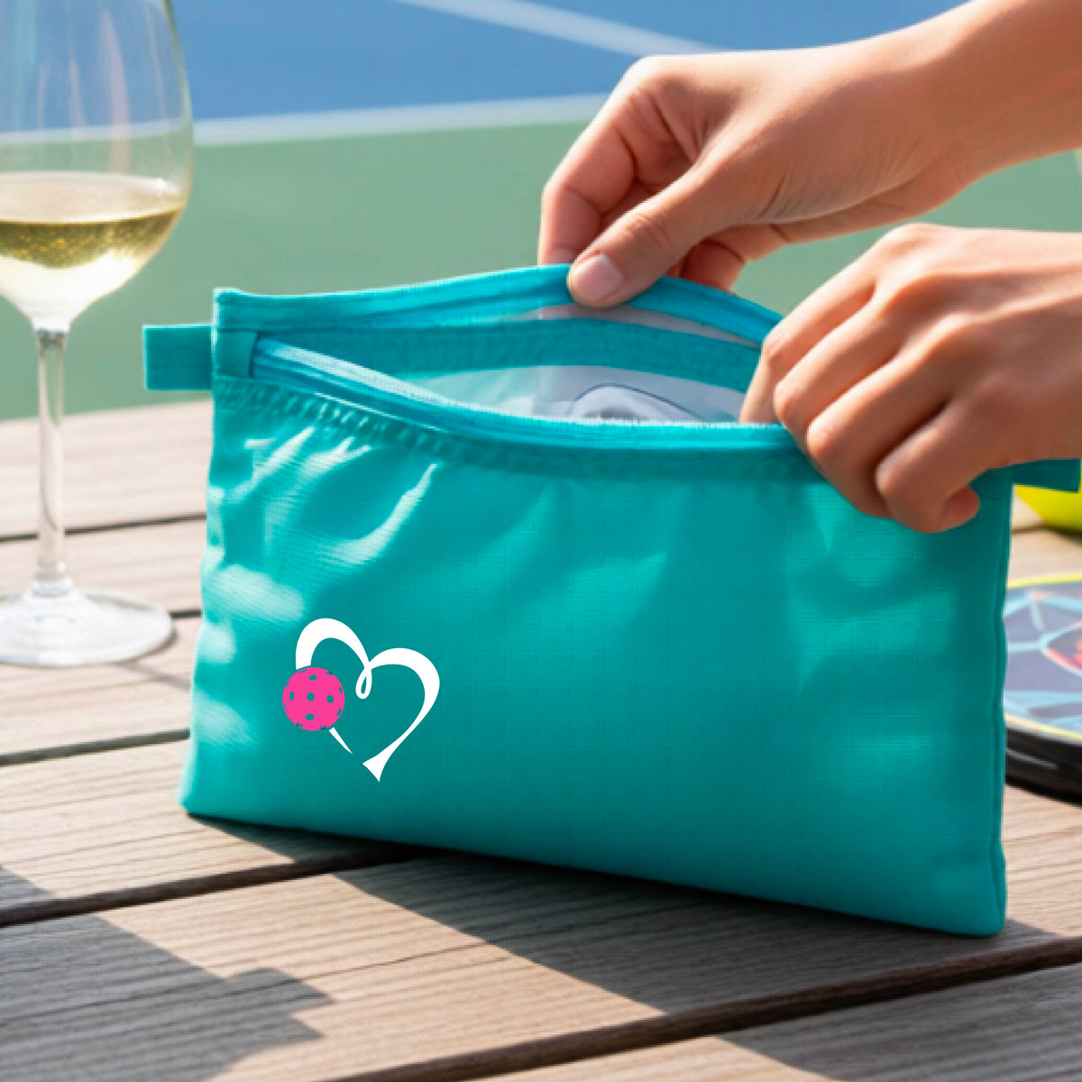 A turquoise blue zippered pouch with a white heart and pink pickleball graphic, shown on a wooden table with a wine glass, paddle, and hands reaching into the pocket, with a pickleball court in the background.