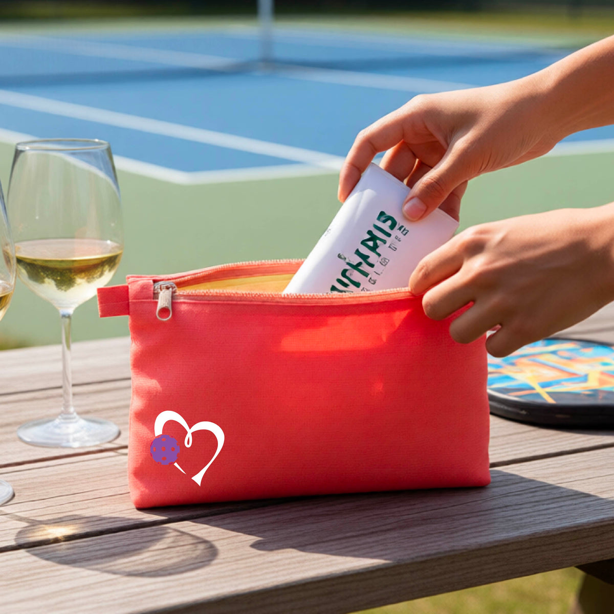 A coral pink zippered pouch with a white heart and purple pickleball graphic, shown on a wooden table with a wine glass, paddle, and hands reaching into the pocket, with a pickleball court in the background.