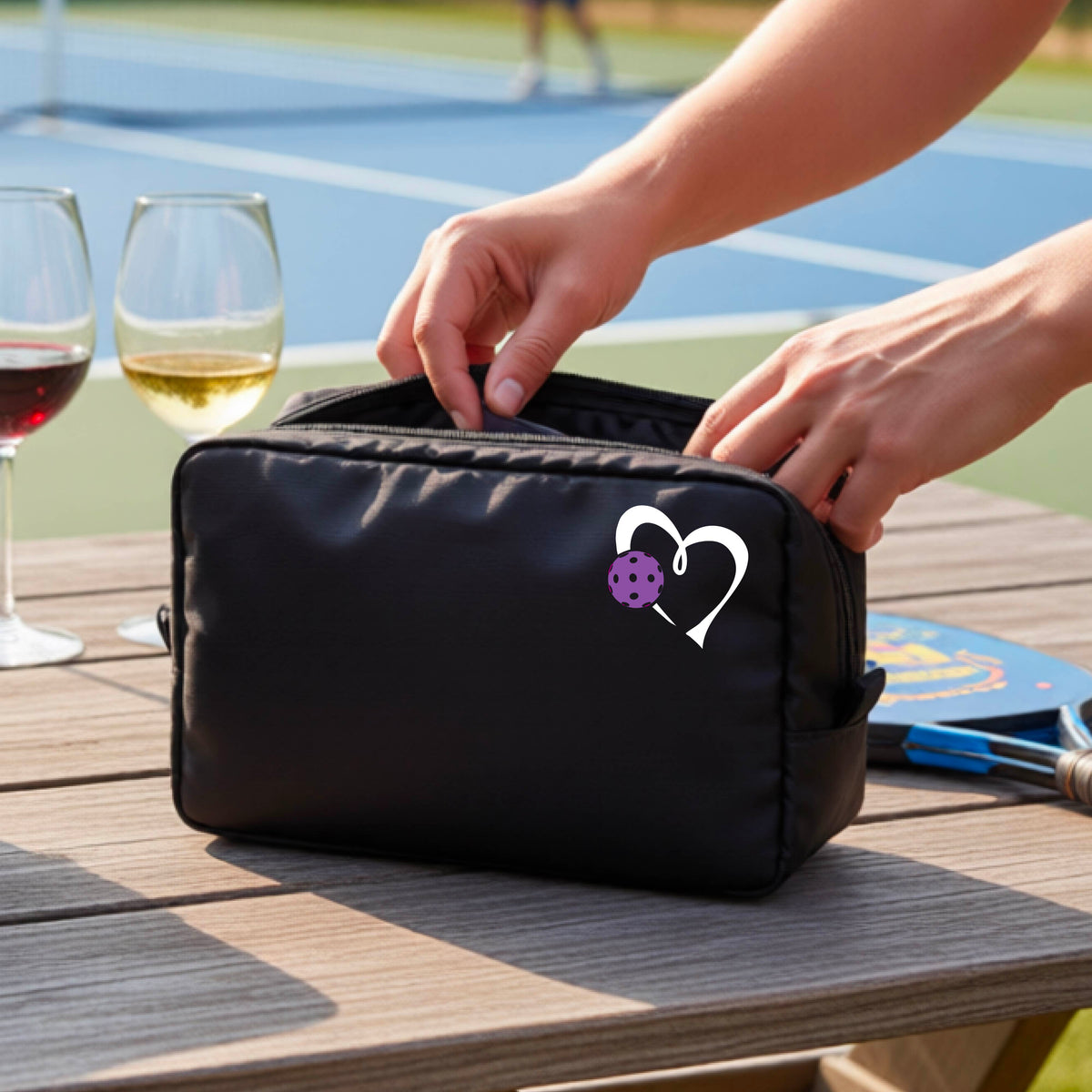 A black zippered toiletry bag sits on a wooden table outdoors, with a person's hands reaching into the open top. A white heart graphic with a purple pickleball accent is printed on the front.