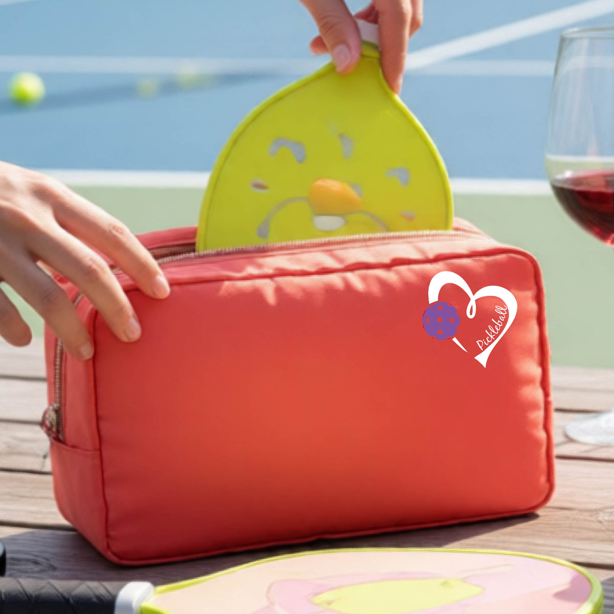 A coral zippered cosmetic pouch with a white and purple heart-shaped pickleball  graphic, shown on a wooden table with a wine glass and hands placing items inside.