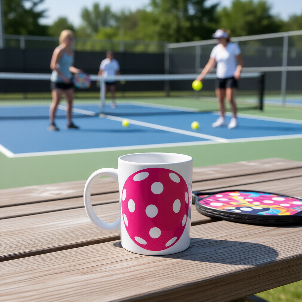 A white ceramic mug with a pink and white pickleball pattern sits on a wooden table in the foreground, with a pickleball paddle and a blurred outdoor pickleball court scene behind it.