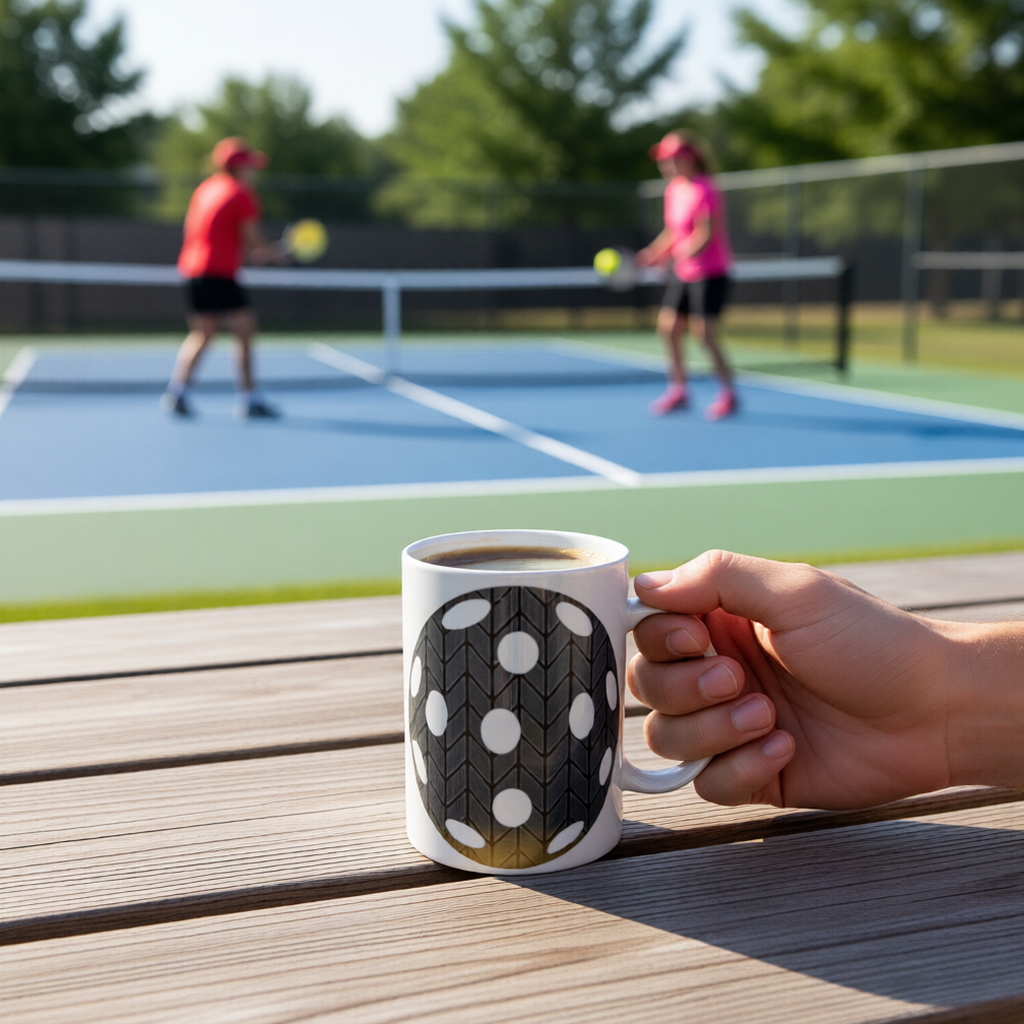 A fun 12 oz pickleball gray and white design mug with a pickleball court in the background.