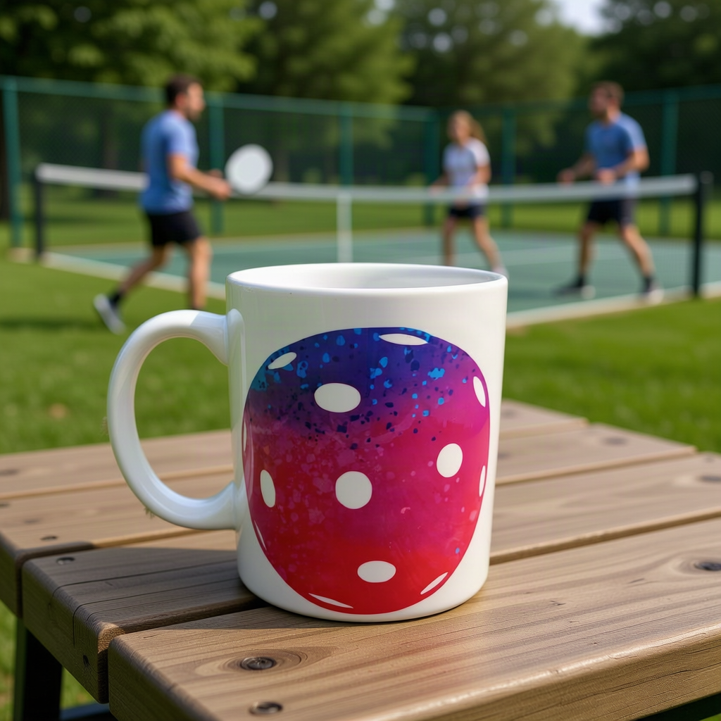 A white ceramic mug with a large red, pink, and blue gradient die pickleball graphic sits on a wooden table outdoors, with a blurred pickleball court and players in the background.
