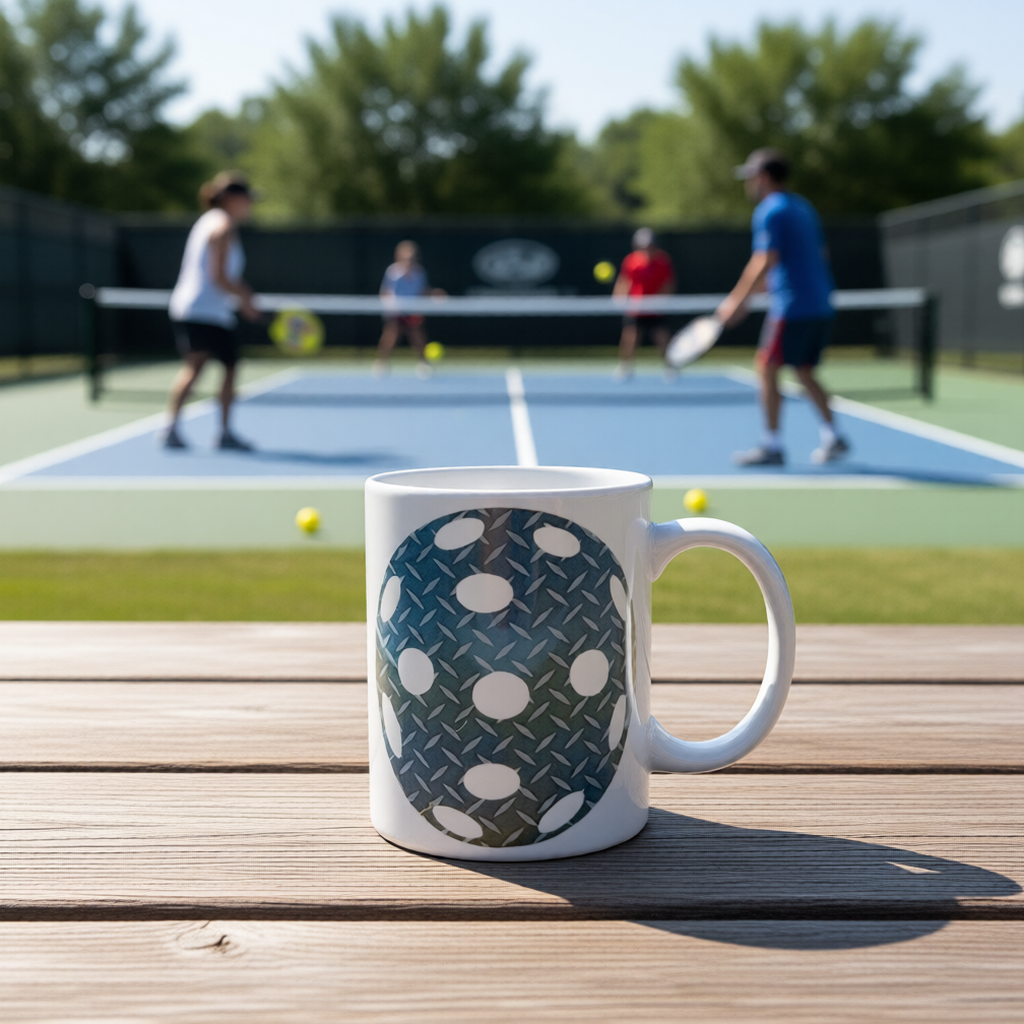 A fun 12 oz pickleball blue and white design mug with a pickleball court in the background