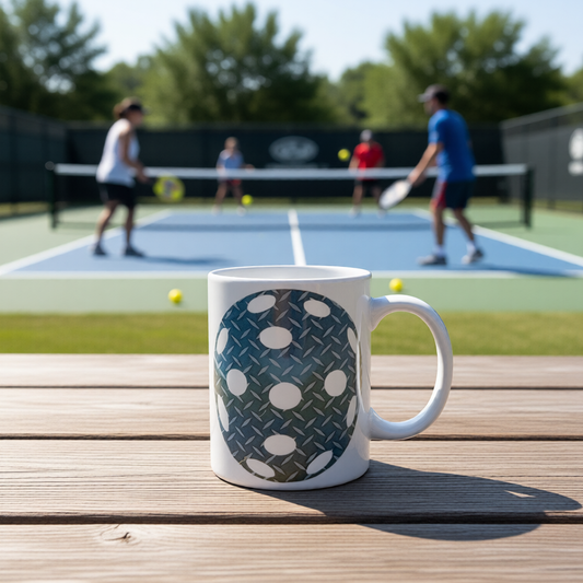 A fun 12 oz pickleball blue and white design mug with a pickleball court in the background