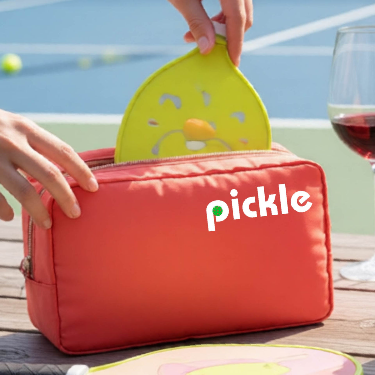 A close-up of a coral colored pickleball polyester cosmetic bag with a white graphic of ‘PICKLE’ with a green pickleball integrated into the letter P printed on the upper right corner, in front of a pickleball court. 