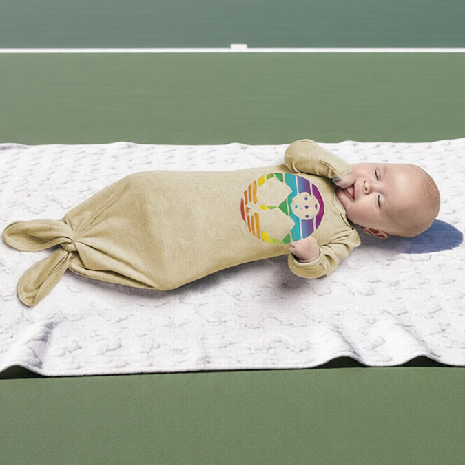 A baby lying on a white blanket on a green outdoor pickleball court, wearing a beige sleep sack with a colorful rainbow pickleball paddle graphic.