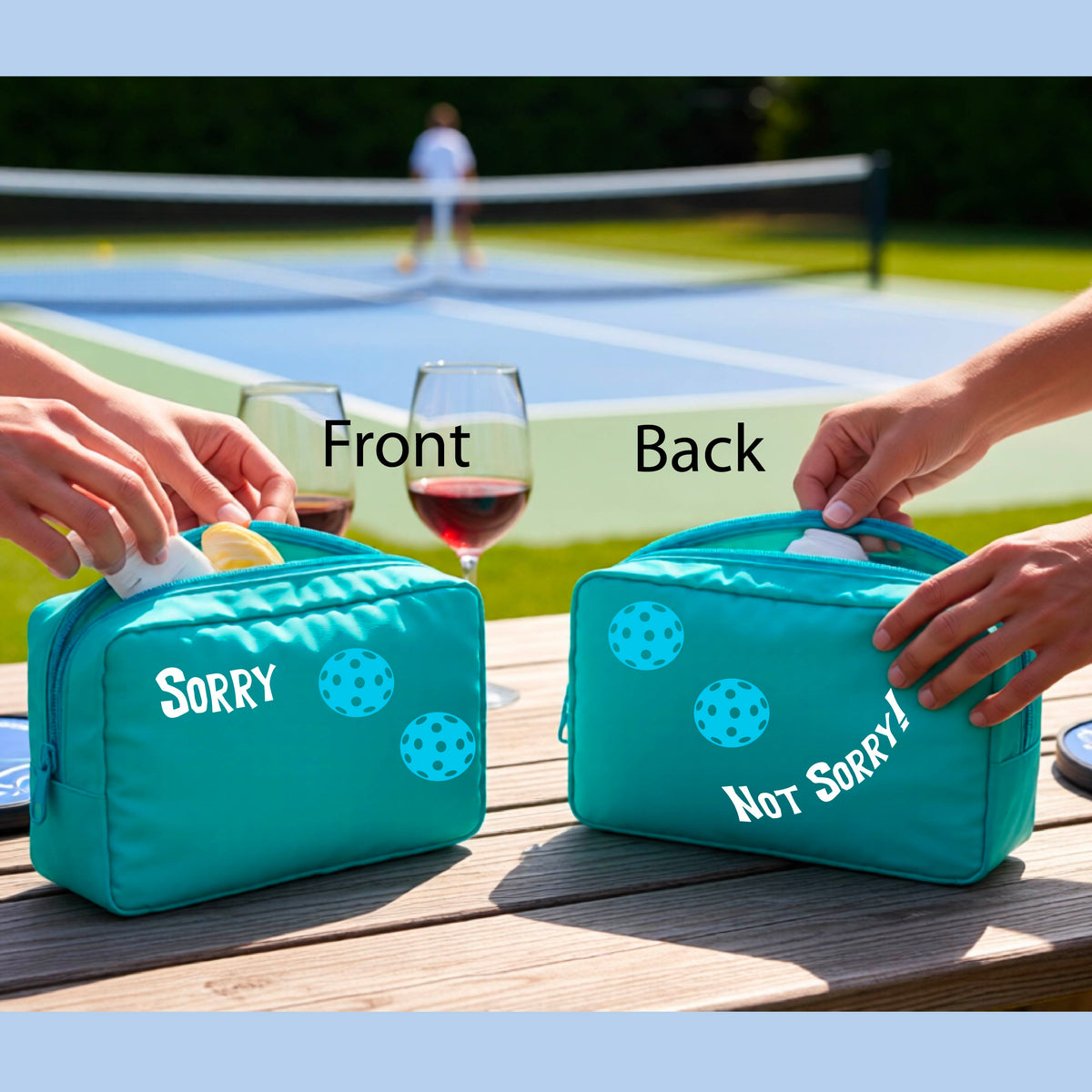 A close-up of a turquoise cosmetic toiletry bag with a pickleball motif design on the front and back  The front features the playful word “SORRY…” in bold white lettering, accented two colorful pickleballs, and the back design features “NOT SORRY!” in bold white lettering underneath two colorful pickleballs, curved underneath.