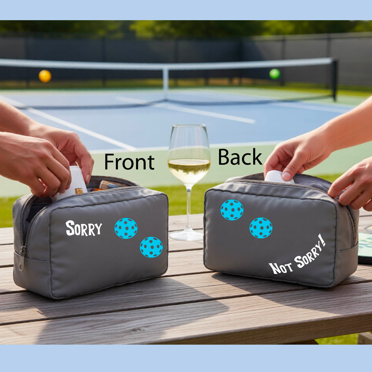 A close-up of a gray cosmetic toiletry bag with a pickleball motif design on the front and back  The front features the playful word “SORRY…” in bold white lettering, accented two colorful pickleballs, and the back design features “NOT SORRY!” in bold white lettering underneath two colorful pickleballs, curved underneath.