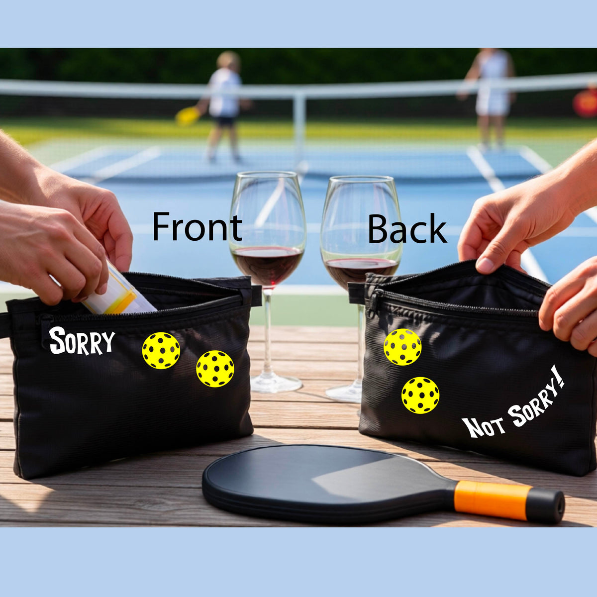 A close-up of a black cosmetic toiletry bag with a pickleball motif design on the front and back  The front features the playful word “SORRY…” in bold white lettering, accented two colorful pickleballs, and the back design features “NOT SORRY!” in bold white lettering underneath two colorful pickleballs, curved underneath.