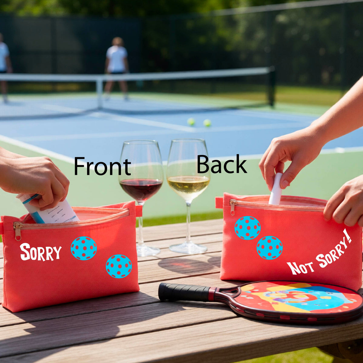 A close-up of a coral red cosmetic toiletry bag with a pickleball motif design on the front and back  The front features the playful word “SORRY…” in bold white lettering, accented two colorful pickleballs, and the back design features “NOT SORRY!” in bold white lettering underneath two colorful pickleballs, curved underneath.