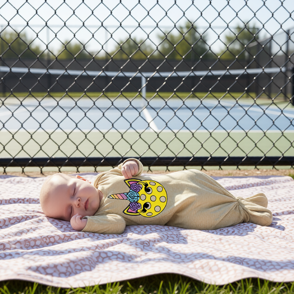 A baby sleeping on a patterned blanket outdoors on grass, wearing a beige bodysuit with a colorful pickleball unicorn graphic. A chain-link fence and pickleball court are blurred in the background.