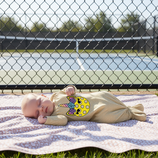 A baby sleeping on a patterned blanket outdoors on grass, wearing a beige bodysuit with a colorful pickleball unicorn graphic. A chain-link fence and pickleball court are blurred in the background.