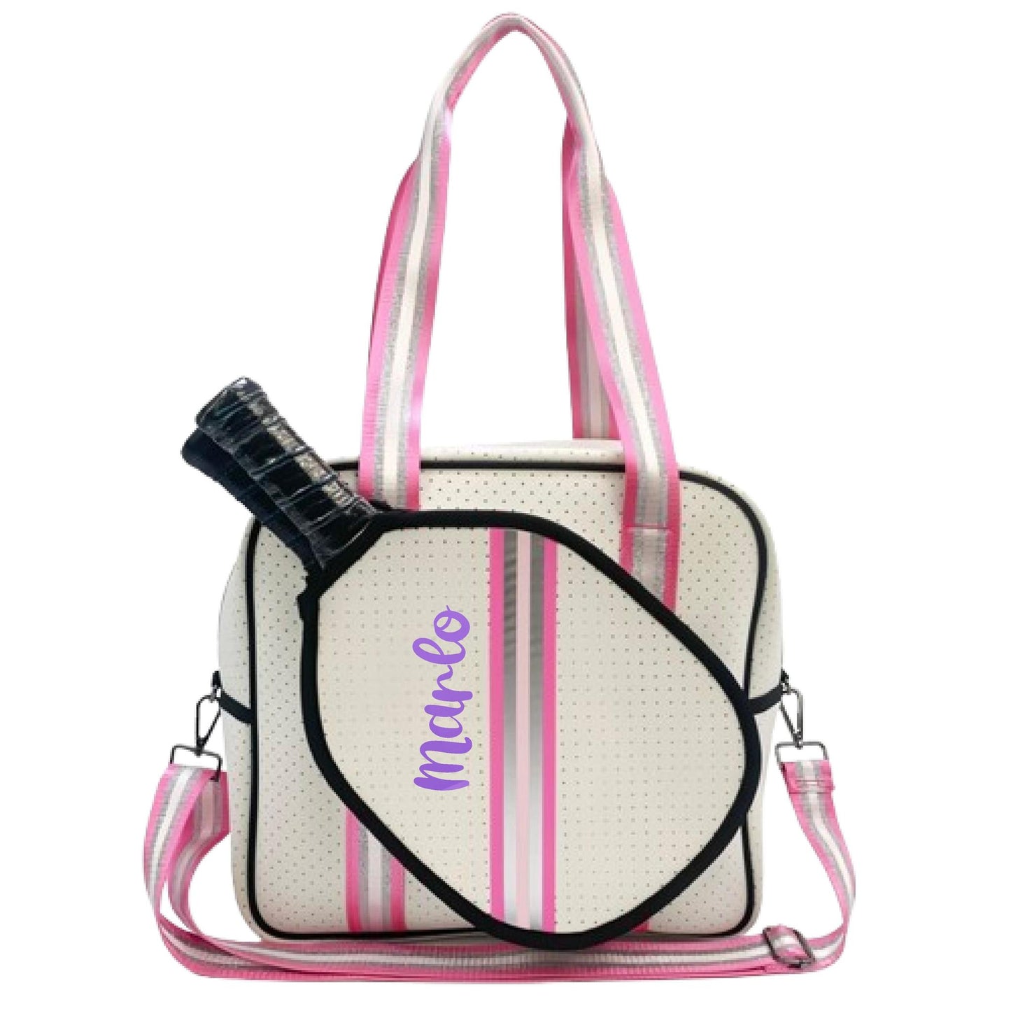 "Pink Frost" White and Pink/Silver Trim Pickleball Sports Bag (Free Personalization) | Medium Size Court Bag