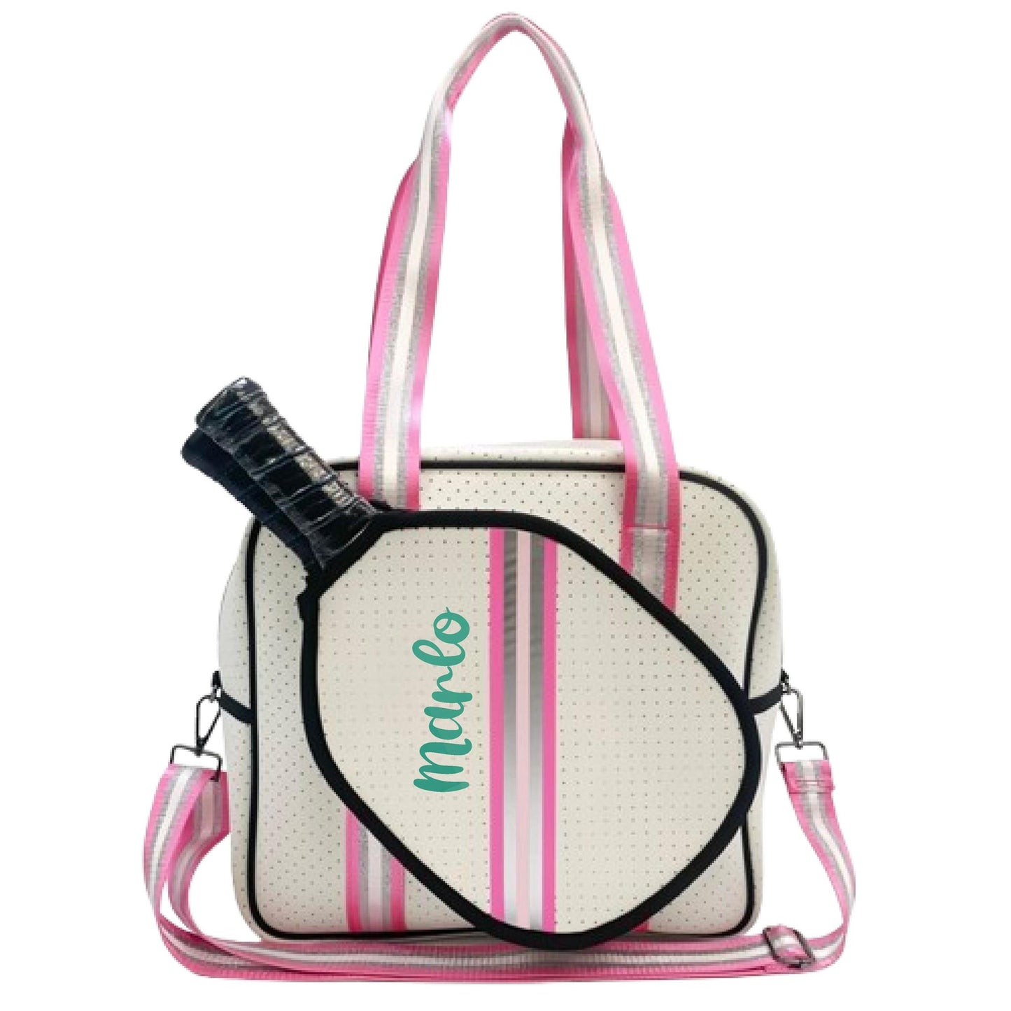 "Pink Frost" White and Pink/Silver Trim Pickleball Sports Bag (Free Personalization) | Medium Size Court Bag