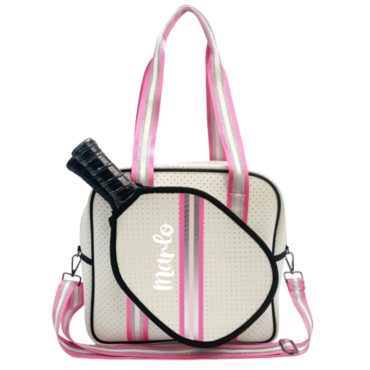 "Pink Frost" White and Pink/Silver Trim Pickleball Sports Bag (Free Personalization) | Medium Size Court Bag