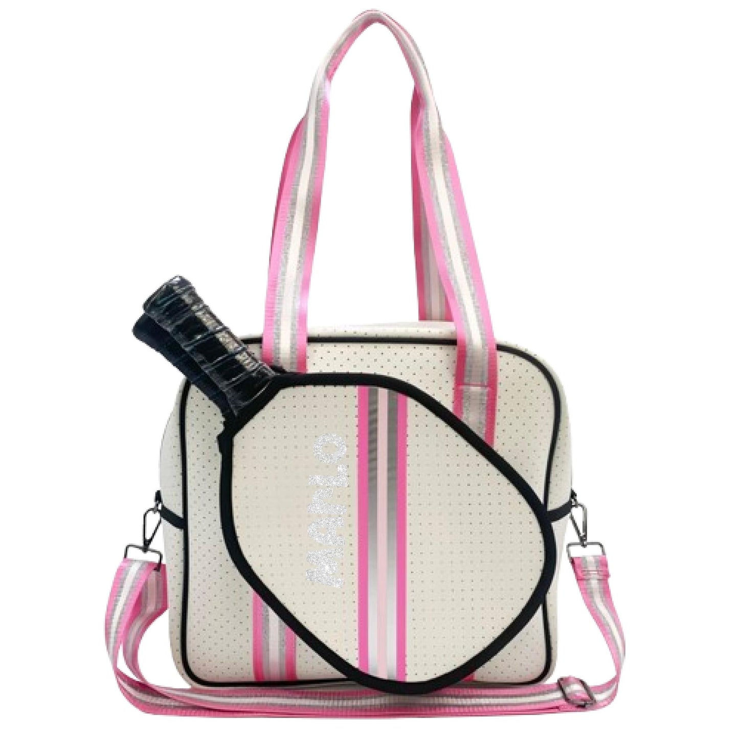 "Pink Frost" White and Pink/Silver Trim Pickleball Sports Bag (Free Personalization) | Medium Size Court Bag