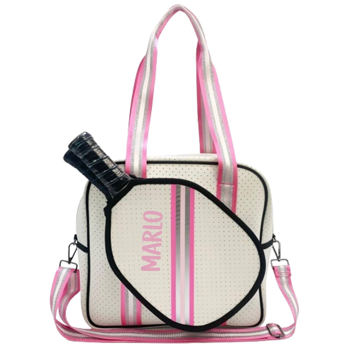 "Pink Frost" White and Pink/Silver Trim Pickleball Sports Bag (Free Personalization) | Medium Size Court Bag