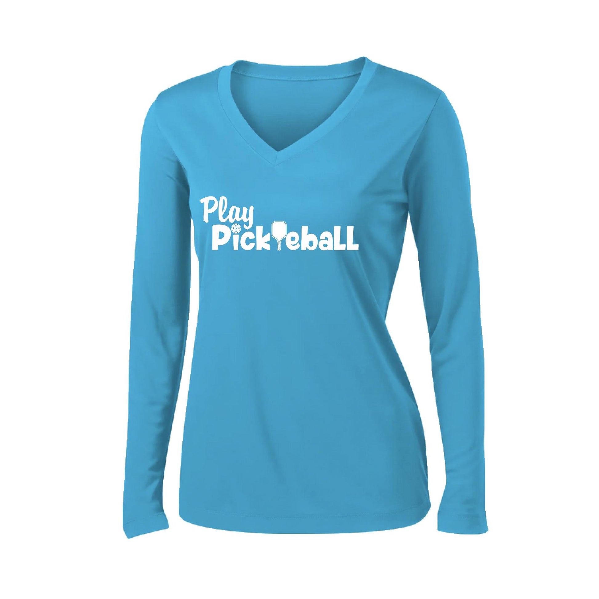 Play Pickleball | Women’s Long Sleeve V-Neck Pickleball Performance T-Shirt | 100% Polyester
