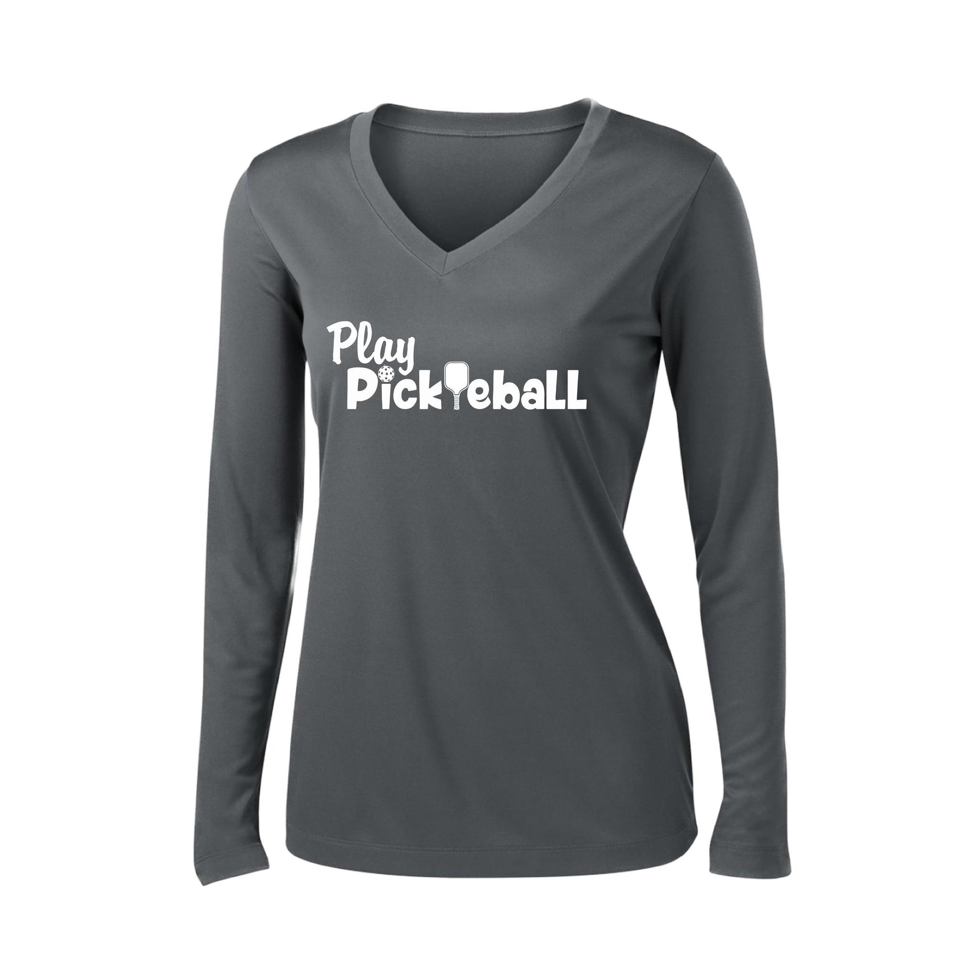 Play Pickleball | Women’s Long Sleeve V-Neck Pickleball Performance T-Shirt | 100% Polyester