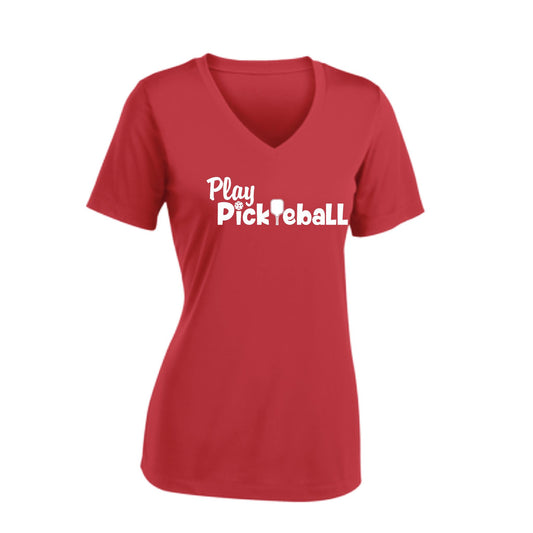 Play Pickleball | Women's Short Sleeve V-Neck Pickleball Performance T-Shirts | 100% Polyester